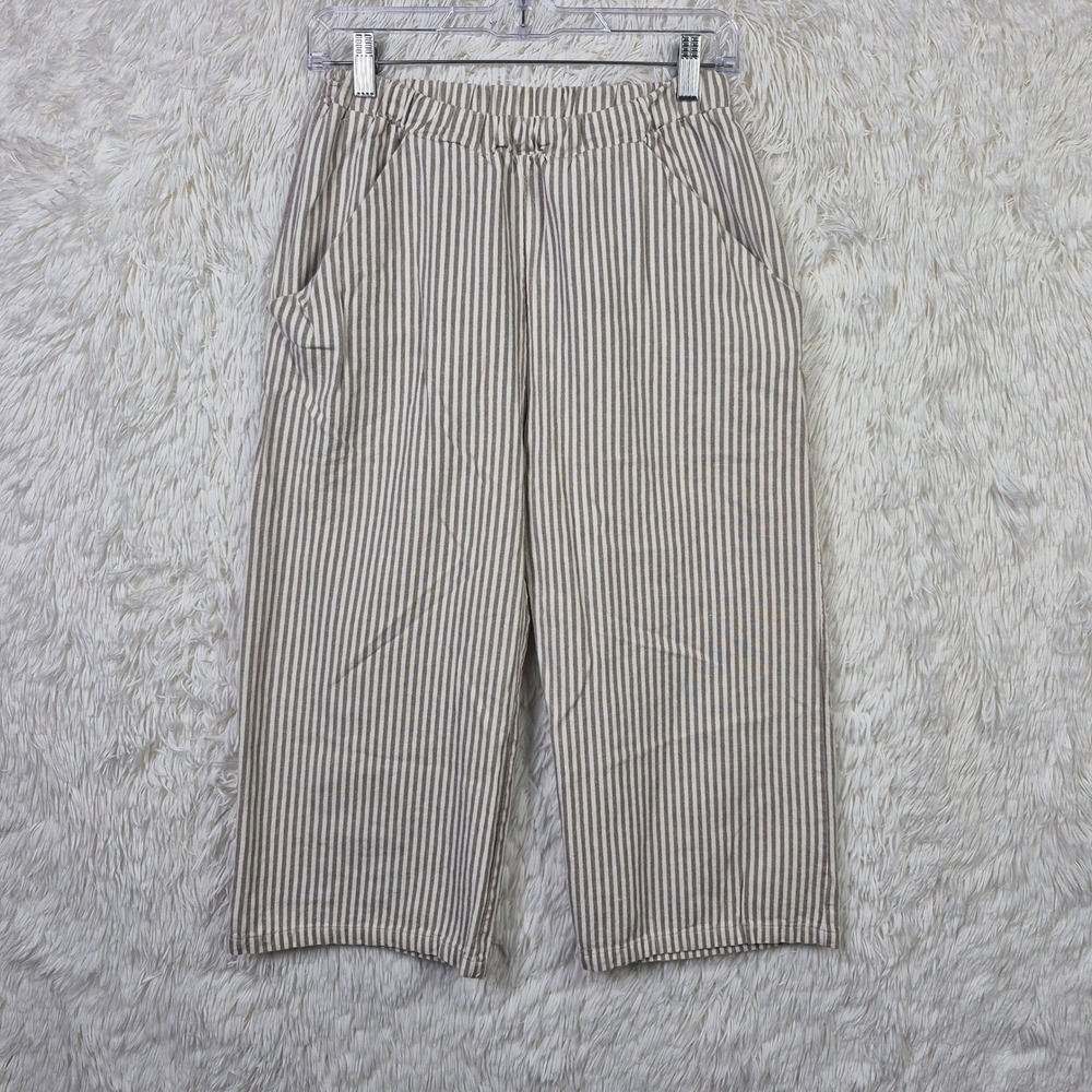 Go Gently Nation Womens Sz S Striped Hemp Organic Cotton Cropped Pants Tan White